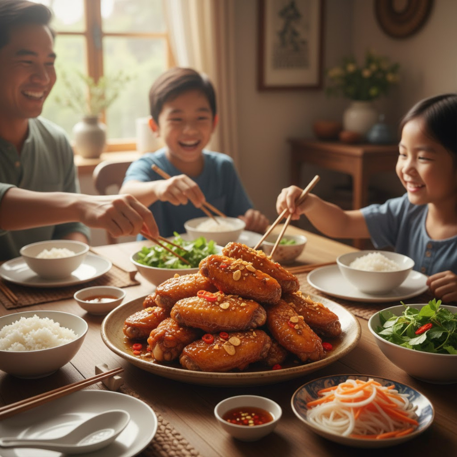 Cả nhà quây quần ăn cánh gà chiên nước mắm với cơm rau và các món ăn kèm