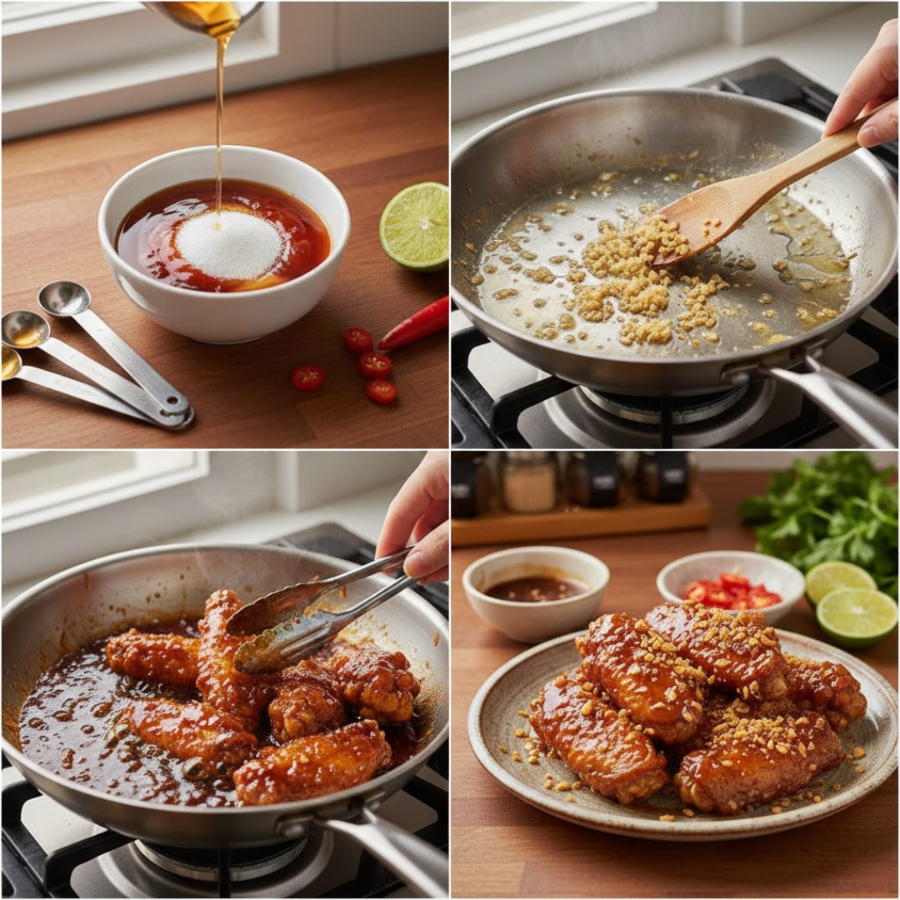 Cách làm cánh gà chiên nước mắm với nước sốt từ đường nước mắm tao tỏi rồi cho cánh gà đã chiên vào