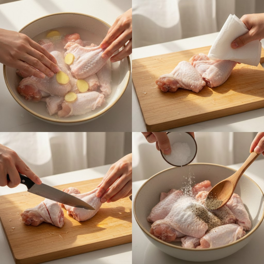 Rửa lau khô cánh gà rồi khứa nhỏ và ướp với hạt nêm và tiêu