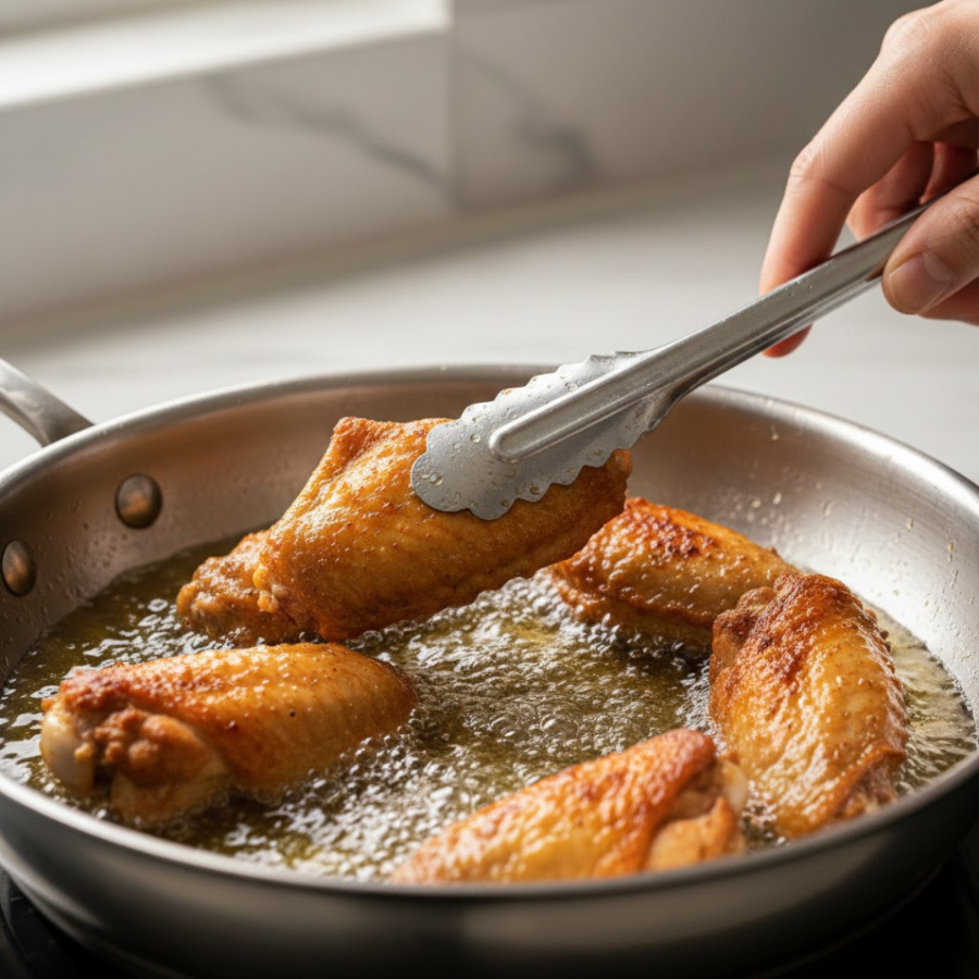 Chiên thịt gà với lửa vừa