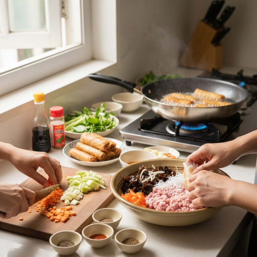 Trộn nguyên liệu làm chả giò vmaw cà rốt và chiên chả giò trên lửa