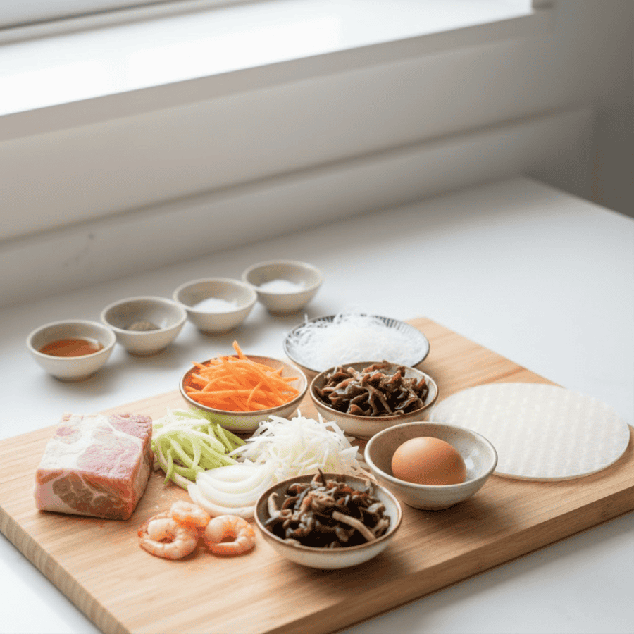 Cách làm chả giò gồm thịt trứng tôm mộc nhĩ cà rốt bánh đa nem miến dong