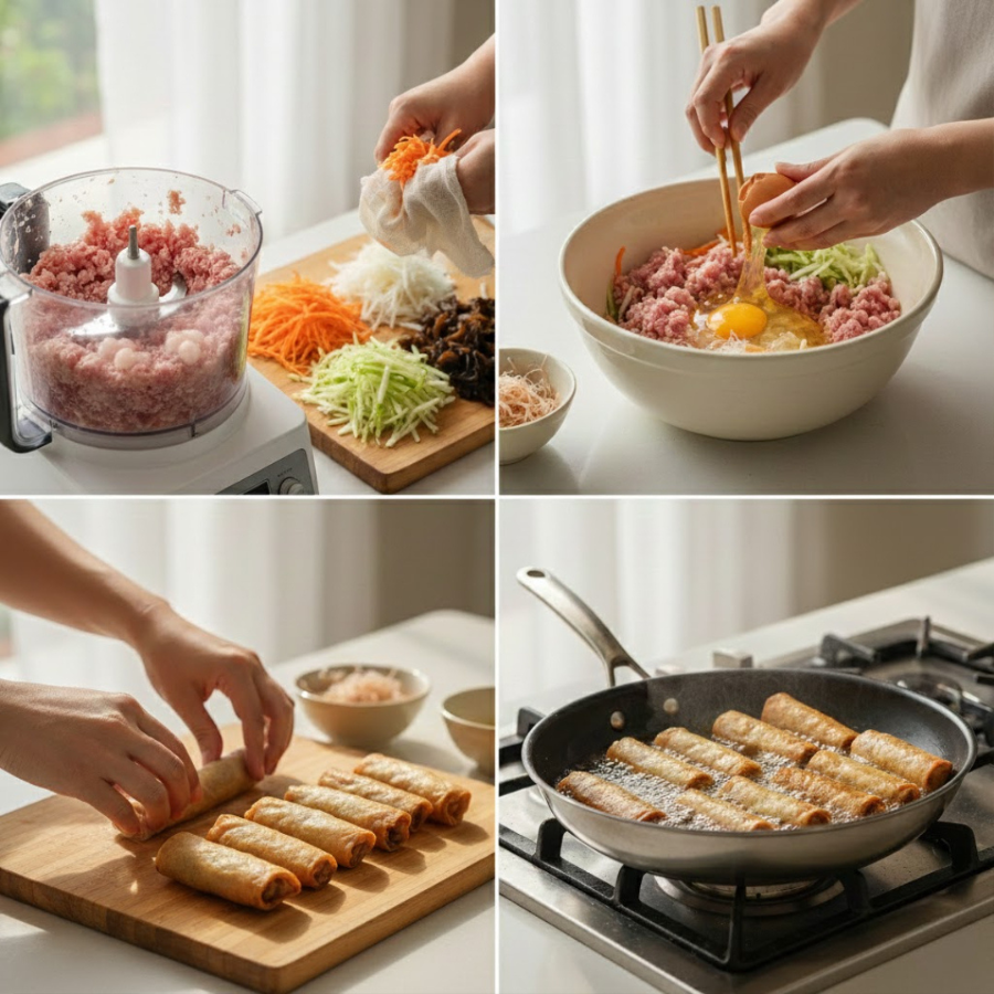 Cách làm chả giò với thịt xay cùng rau củ trộn tất cả và dùng bánh đa nem để cuốn rồi chiên trên lửa