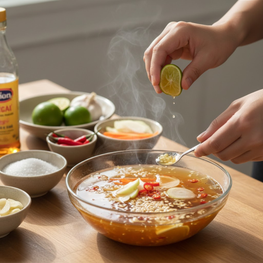 Tô nước chấm có tỏi ớt và vắt chanh vào