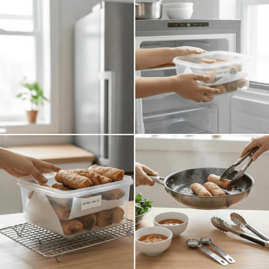 Bỏ chả giò đã chiên vào hộp có giấy thấm dầu rồi bảo quản trong tủ đông