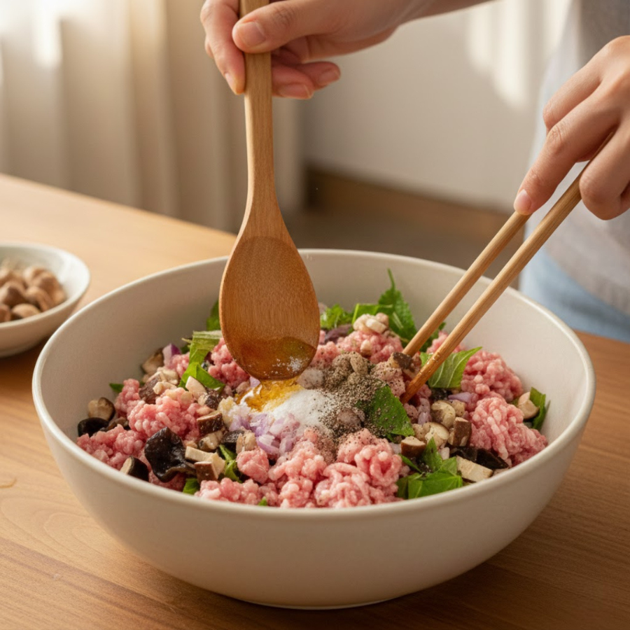 Trộn thịt heo nấm lá lốt cùng các nguyên liệu khác