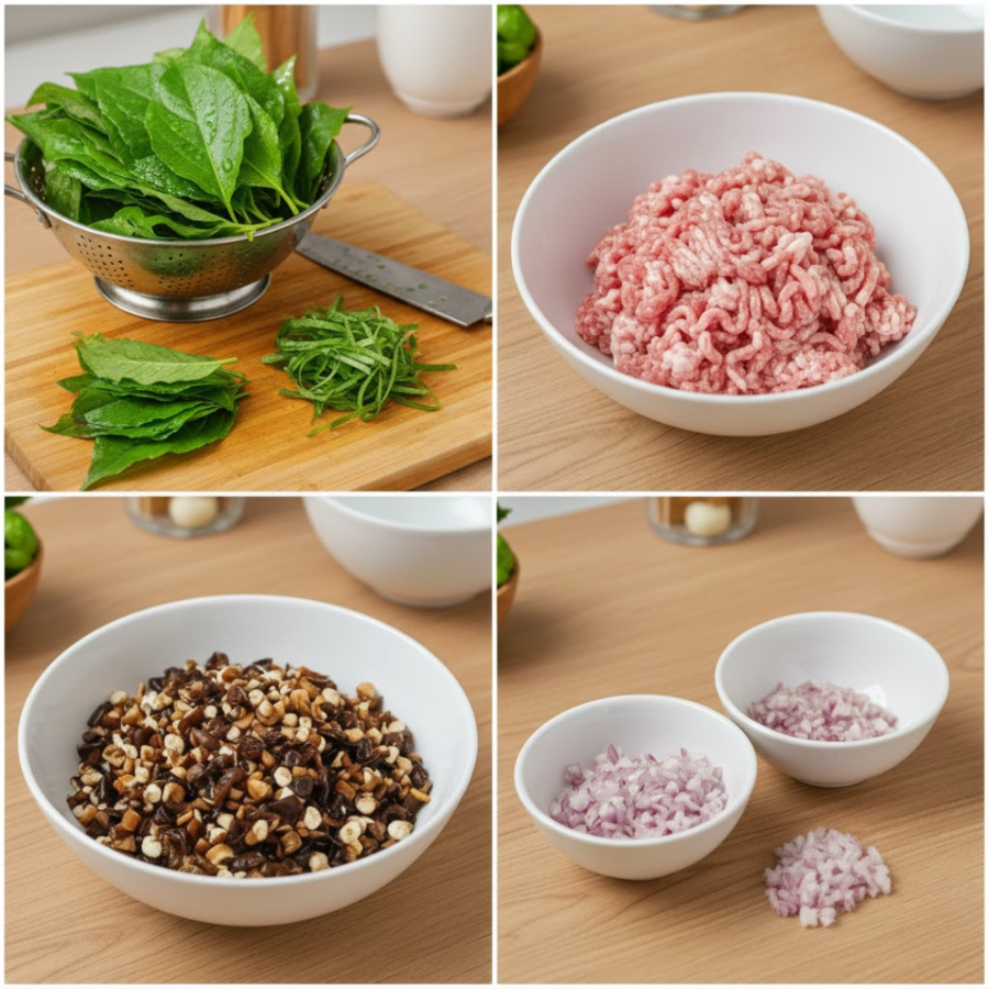 Nguyên liệu được sơ chế gồm lá lốt thịt heo bằm nấm hành bằm nhỏ
