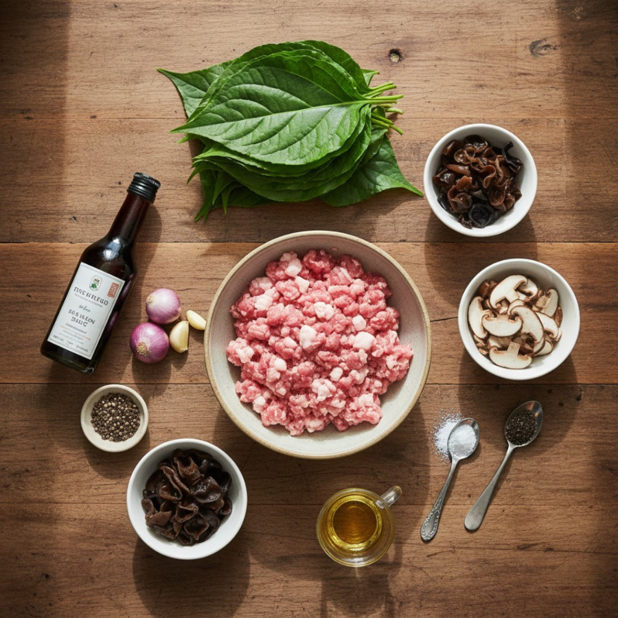 Cách làm chả lá lốt với nguyên liệu gồm thịt heo lá lốt nấm tỏi hành ớt