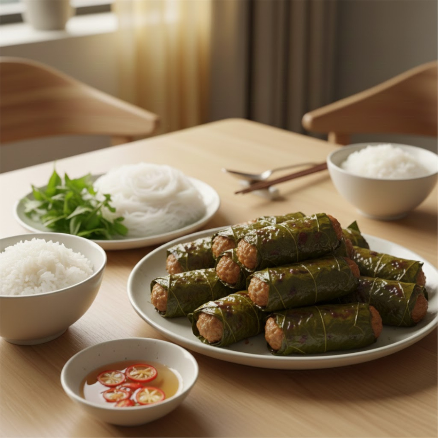 Đĩa chả lá lốt ăn cùng cơm hoặc bún cùng chén mắm