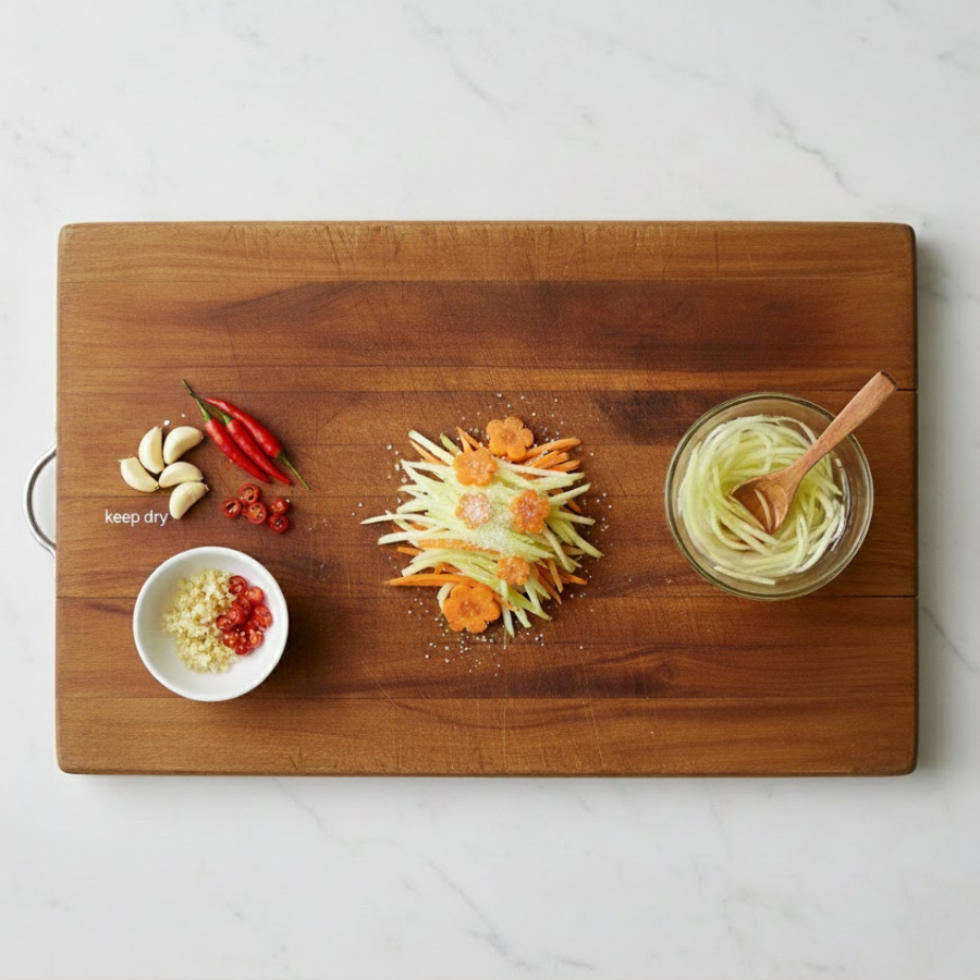 Sơ chế nguyên liệu băm nhỏ tỏi ớt, thái sợi cà rốt