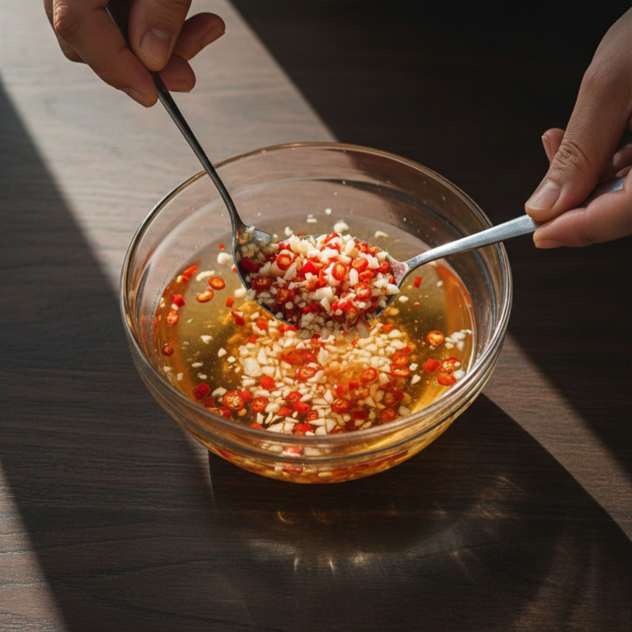 Thả tỏi ớt vào chén mắm cốt