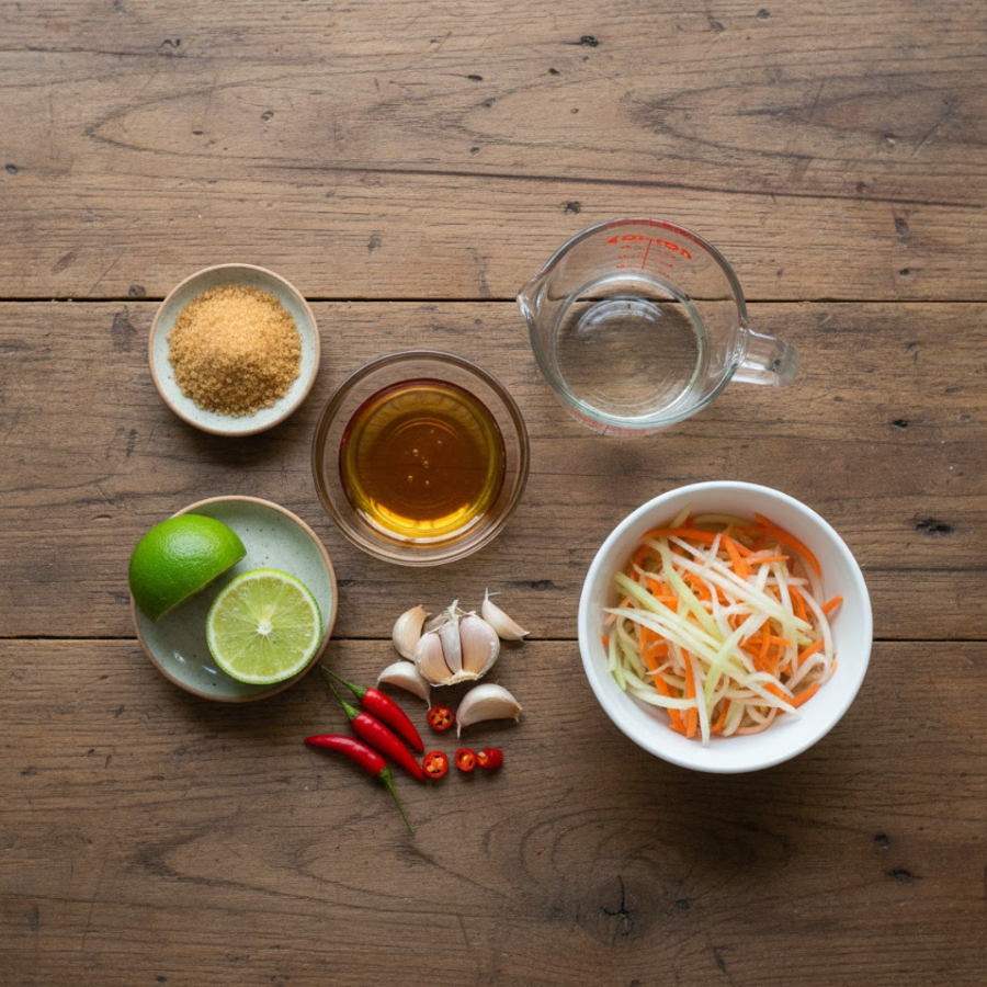 Cách làm nước mắm ăn bánh xèo với nguyên liệu gồm mắm, cà rốt, chanh, tỏi ớt đường