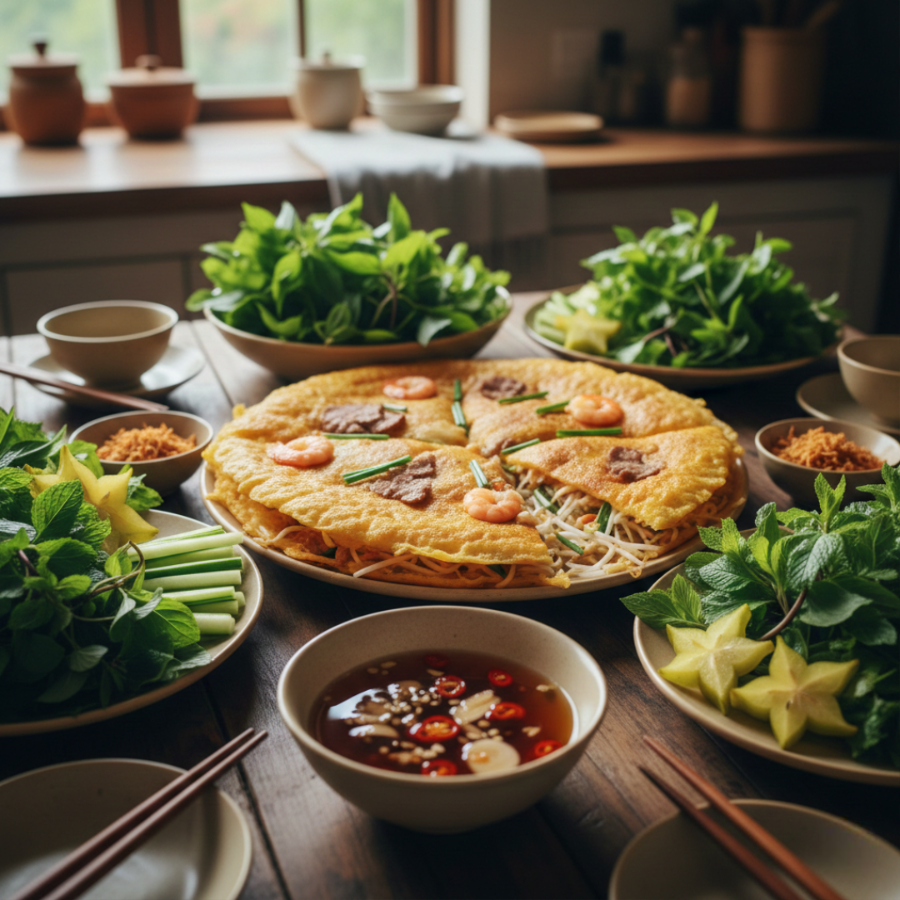 Bàn ăn với bánh xèo rau và nước mắm