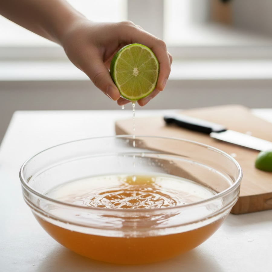 Vắt nước chanh vào tô nước mắm