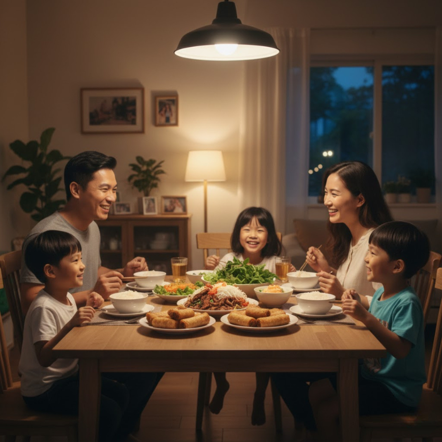 Cả nhà quây quần thưởng thức món bún thịt nướng