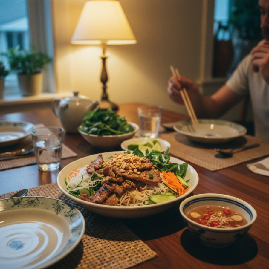 Tô bún thịt nướng và chén mắm dĩa rau