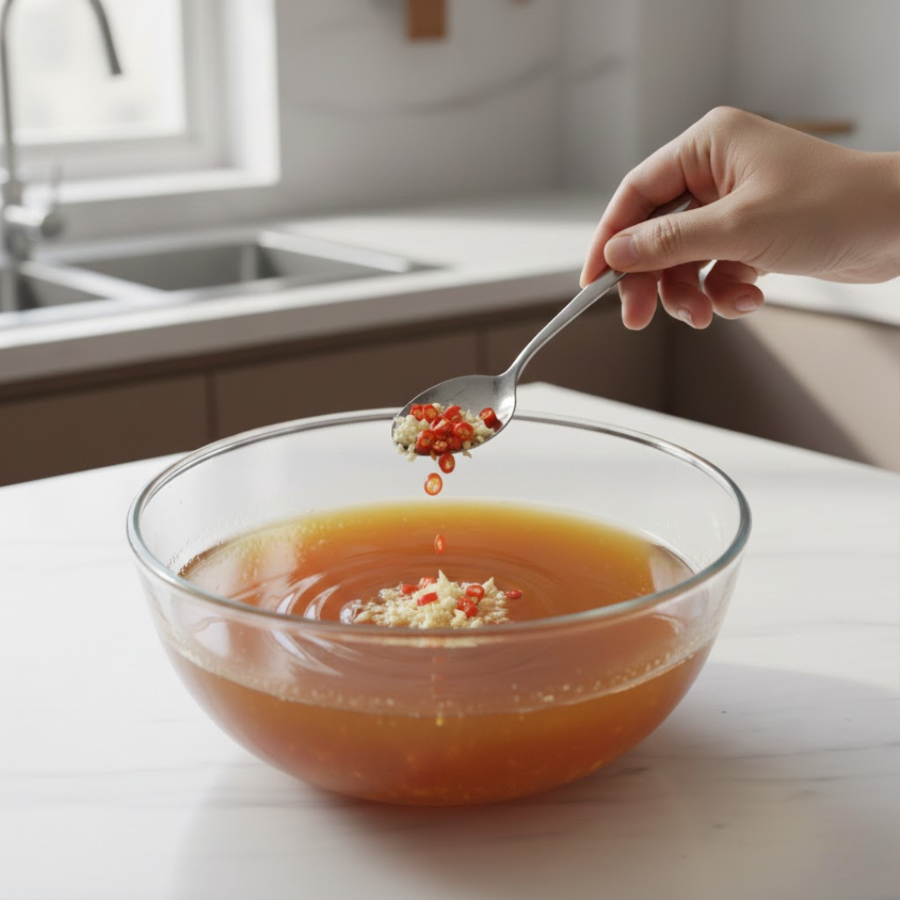 Cho tỏi ớt vào tô mắm