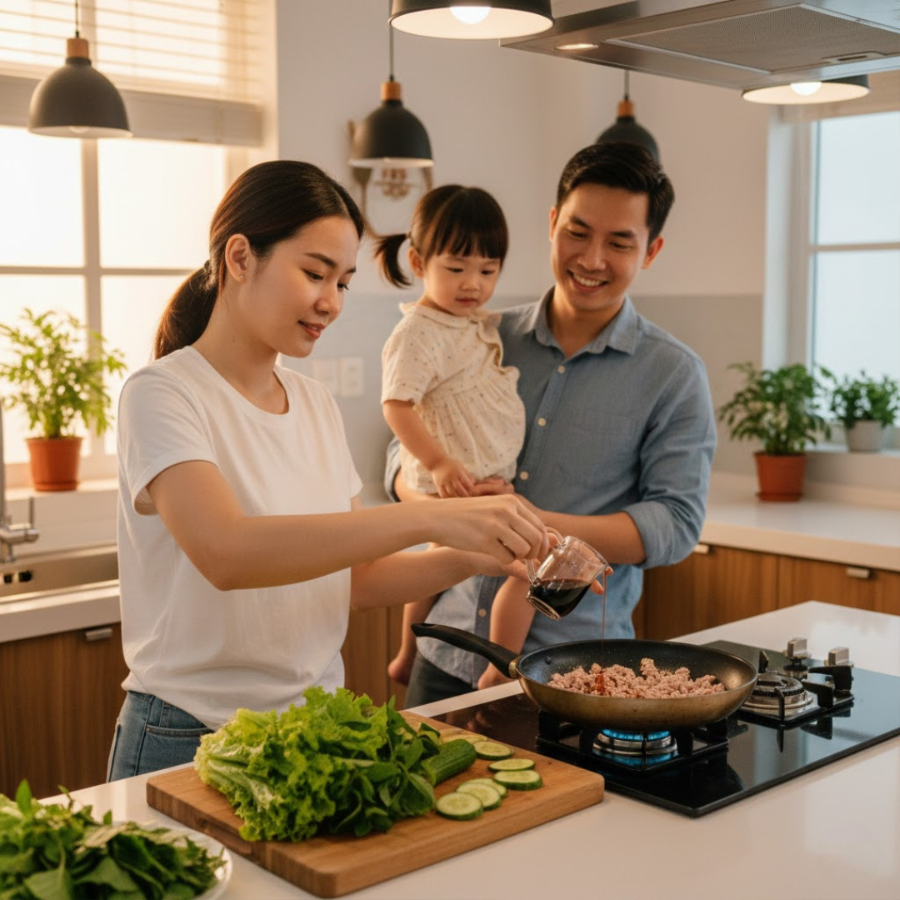 Gia đình 3 người đang đứng trong bếp nấu bún nước tương