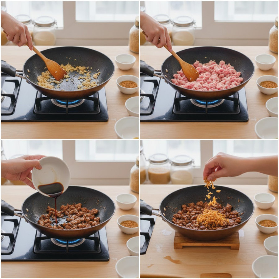 cách làm nước tương ăn bún bằng cách tao tỏi tao thịt đổ nước tương vào và trộn đều