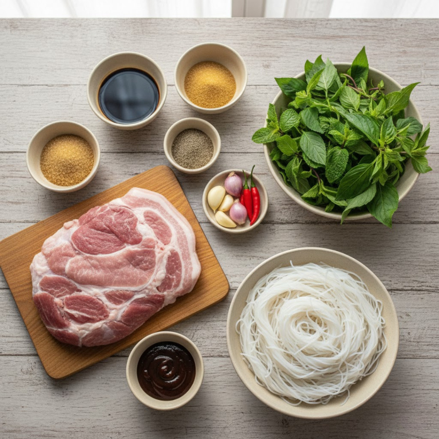 Cách làm nước tương ăn bún với các nguyên liệu thịt heo bún tỏi ớt rau nước tương