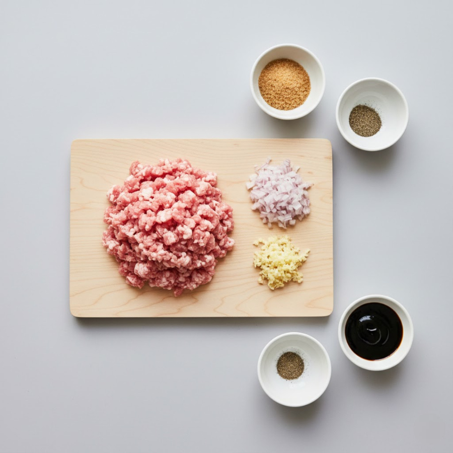 Thịt và tỏi hành băm nhỏ với chén nước tương và đường