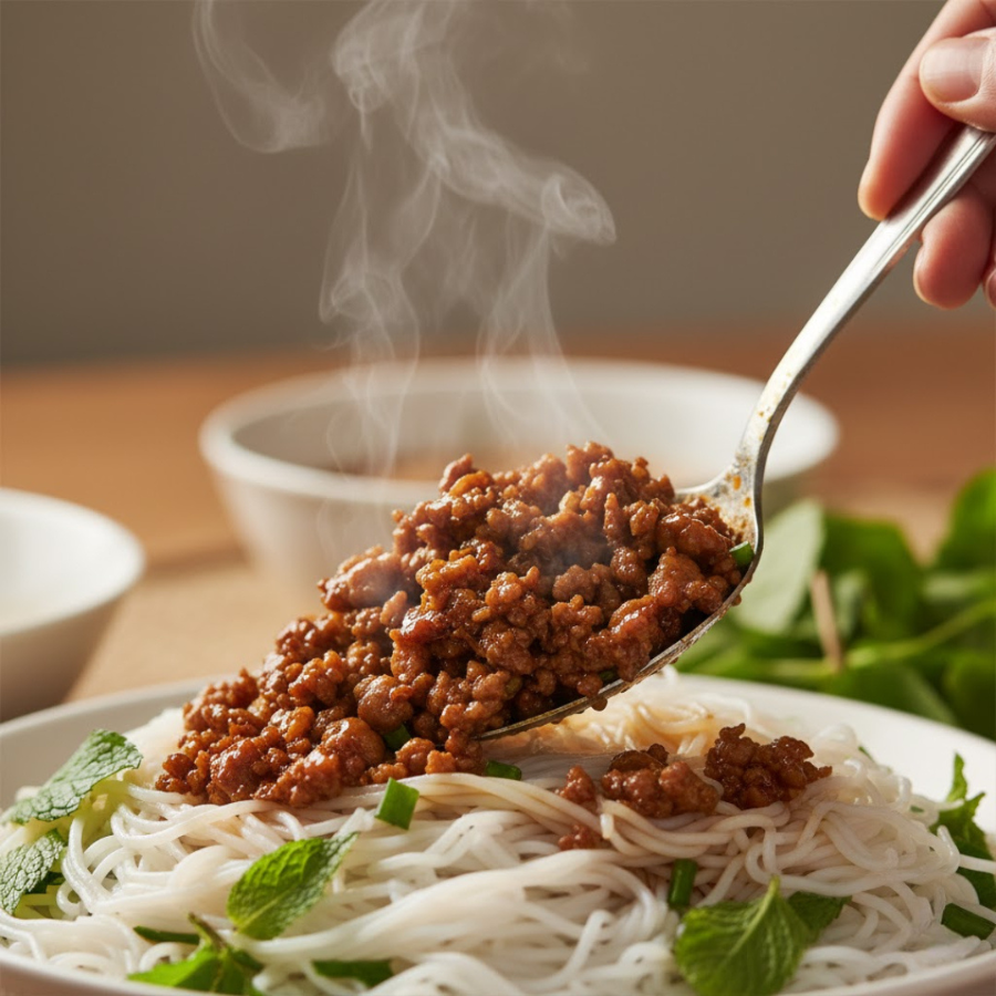 Chan thịt nước tương lên bún