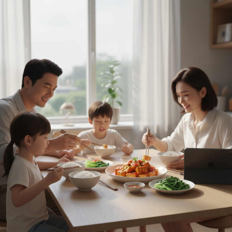 Gia đình 4 người bên bàn ăn có đậu sốt cà chua cơm rau