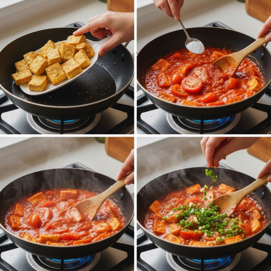 Bỏ đậu đã chiên và sốt cà chua vào nấu cùng nhau thêm hành