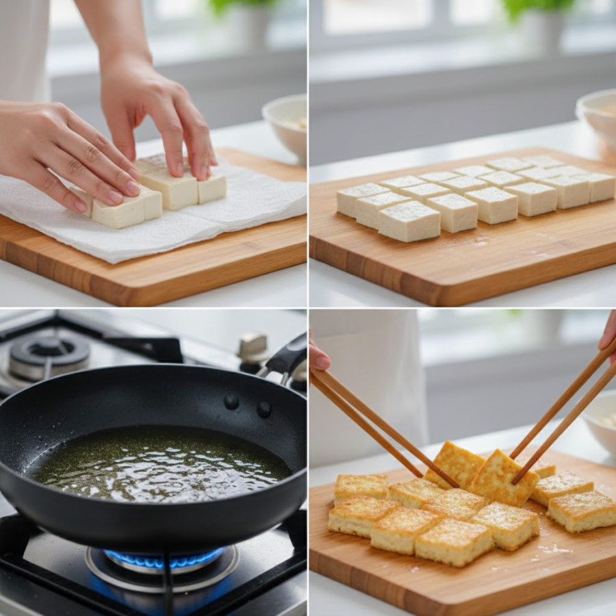 Rửa sạch lau khô đậu hũ chiên đậu trong chảo dầu