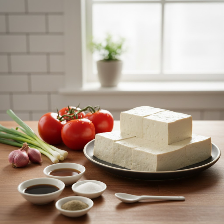 Đậu hũ sốt cà chua cách làm với các nguyên liệu đậu hũ cà chua hành gia vị