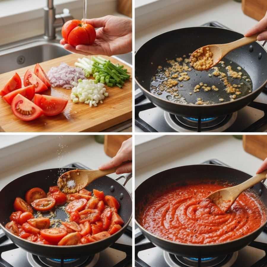 Cà chua và hành cắt nhỏ bỏ vào chảo tao đều thành sốt
