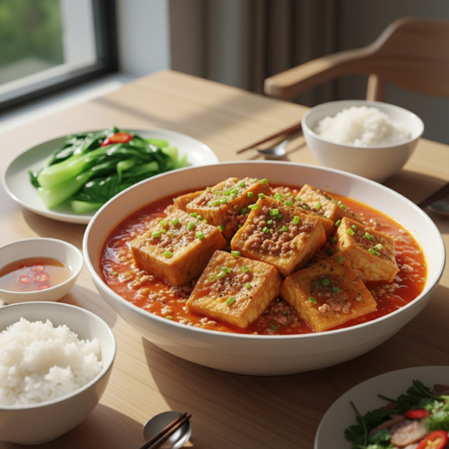 Dĩa đậu nhồi thịt ăn cùng cơm và rau