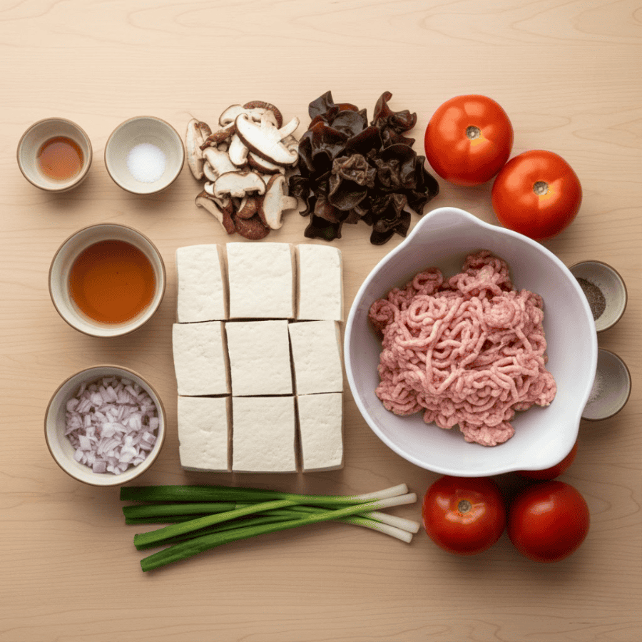 Đậu nhồi thịt cách làm với nguyên liệu gồm thịt xay, đậu hũ, cà chua, hành, nấm, gia vị.