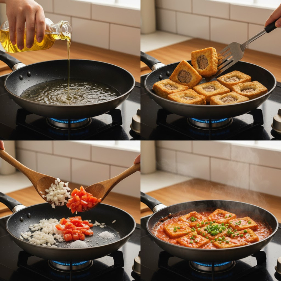 Đậu hũ nhồi thịt cách làm bằng việc chiên đậu hũ rồi trộn với nhau cùng sốt cà chua