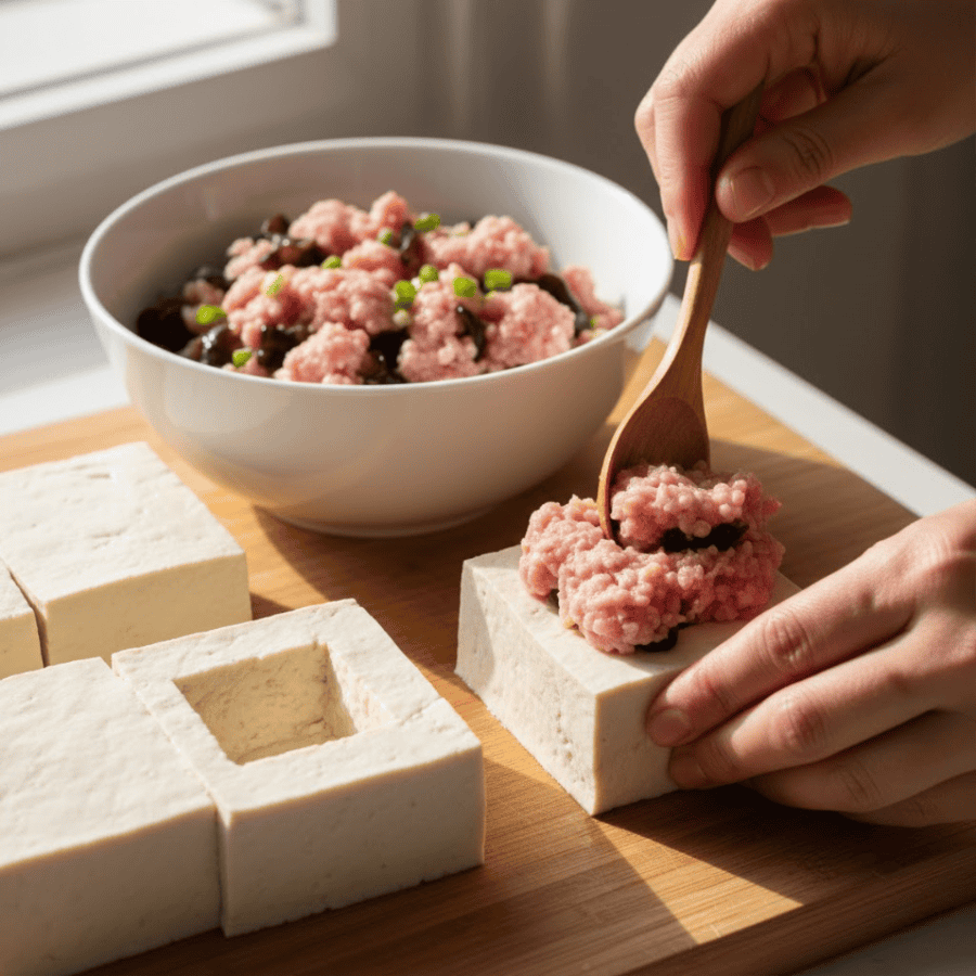 Nhồi thịt đã trộn vào từng miếng đậu hũ