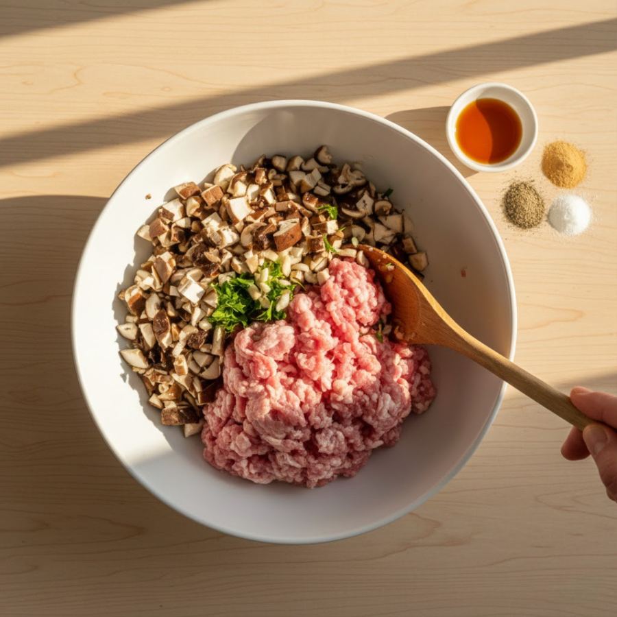 Trộn thịt nấm hành cùng với nhau