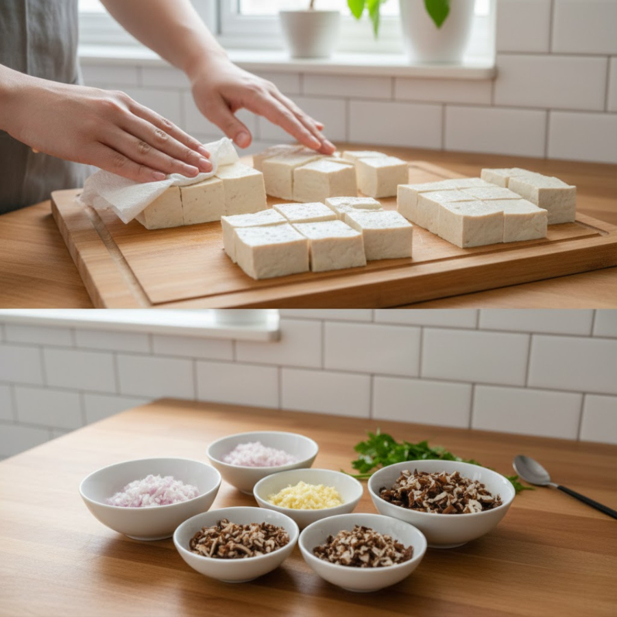 Rửa đậu hũ lau khô và băm nhỏ các gia vị hành nấm 